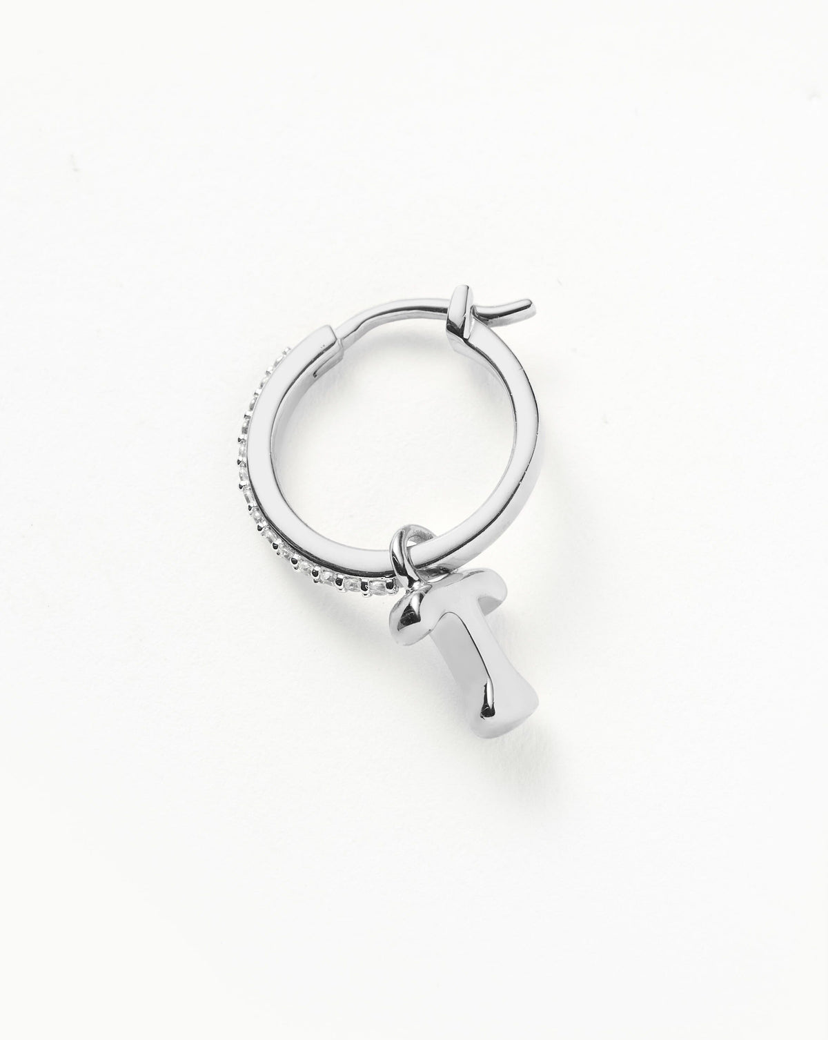 Initial Single Charm Hoop Earring - Initial T | Sterling Silver