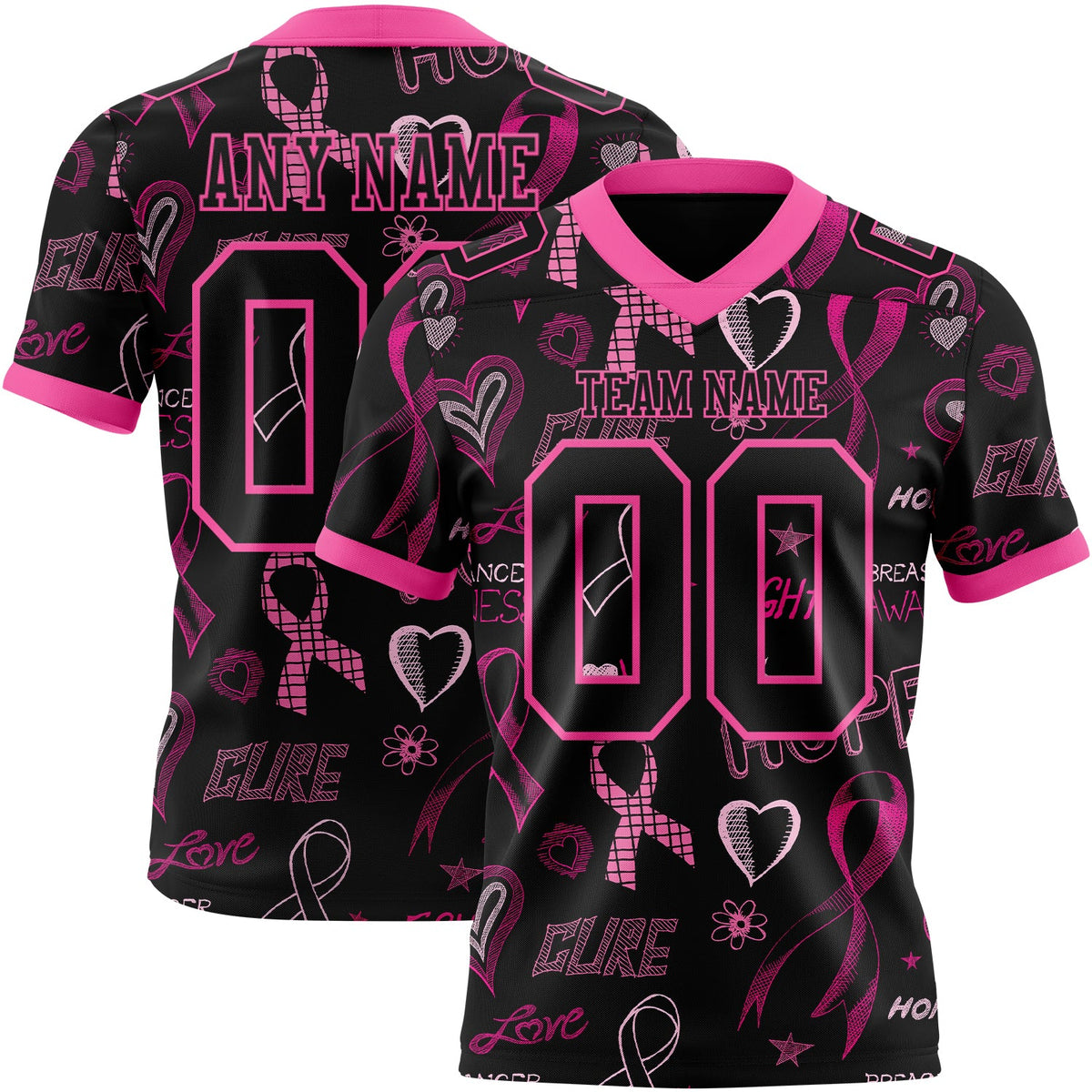 Custom Black Pink 3D Pattern Pink Ribbon Breast Cancer Awareness Month Women Health Care Support Authentic Football Jersey