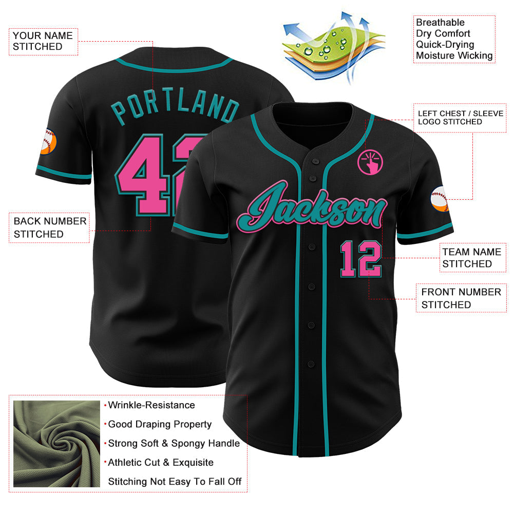 Custom Black Pink-Teal Authentic Baseball Jersey
