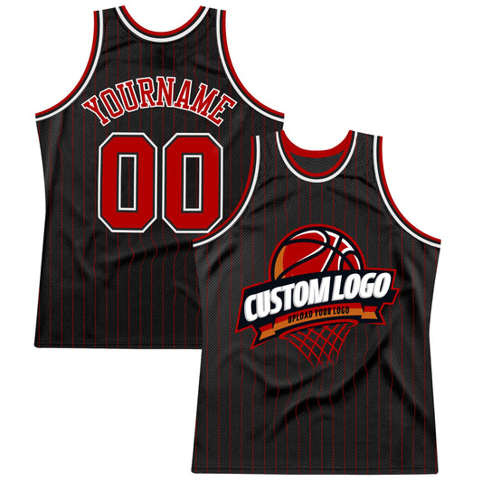 Custom Black Red Pinstripe White Authentic Basketball Jersey