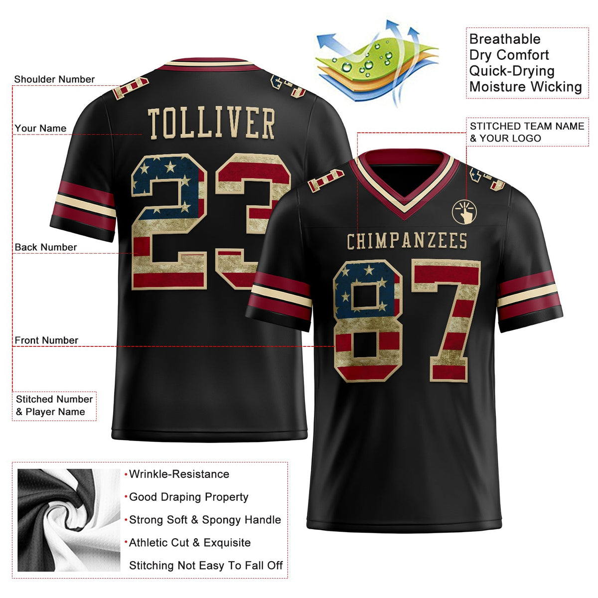 Custom Black Vintage USA Flag Crimson-City Cream Authentic Football Jersey