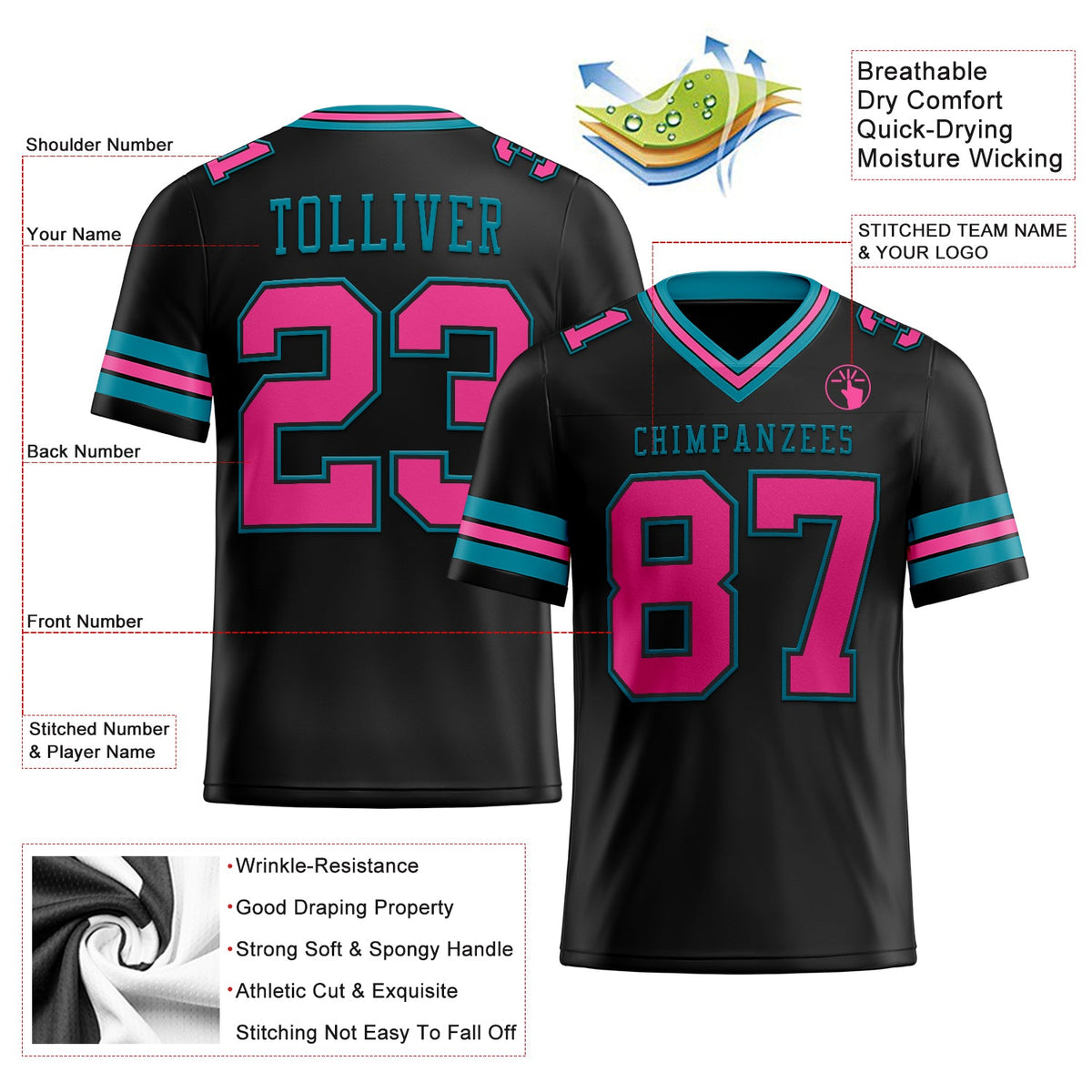 Custom Black Pink-Teal Authentic Football Jersey