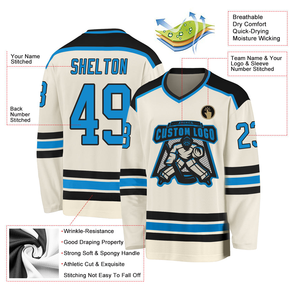 Custom Cream Blue-Black Hockey Jersey