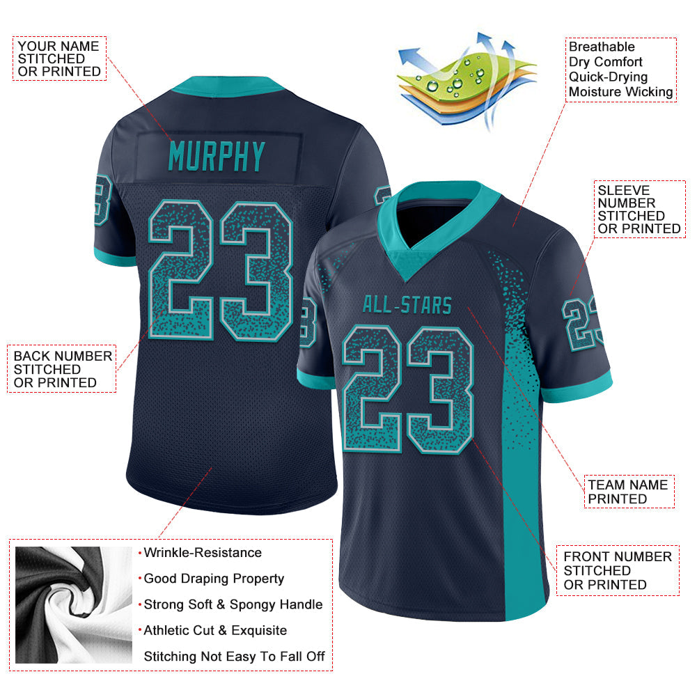 Custom Navy Teal-Gray Drift Fashion Football Jersey