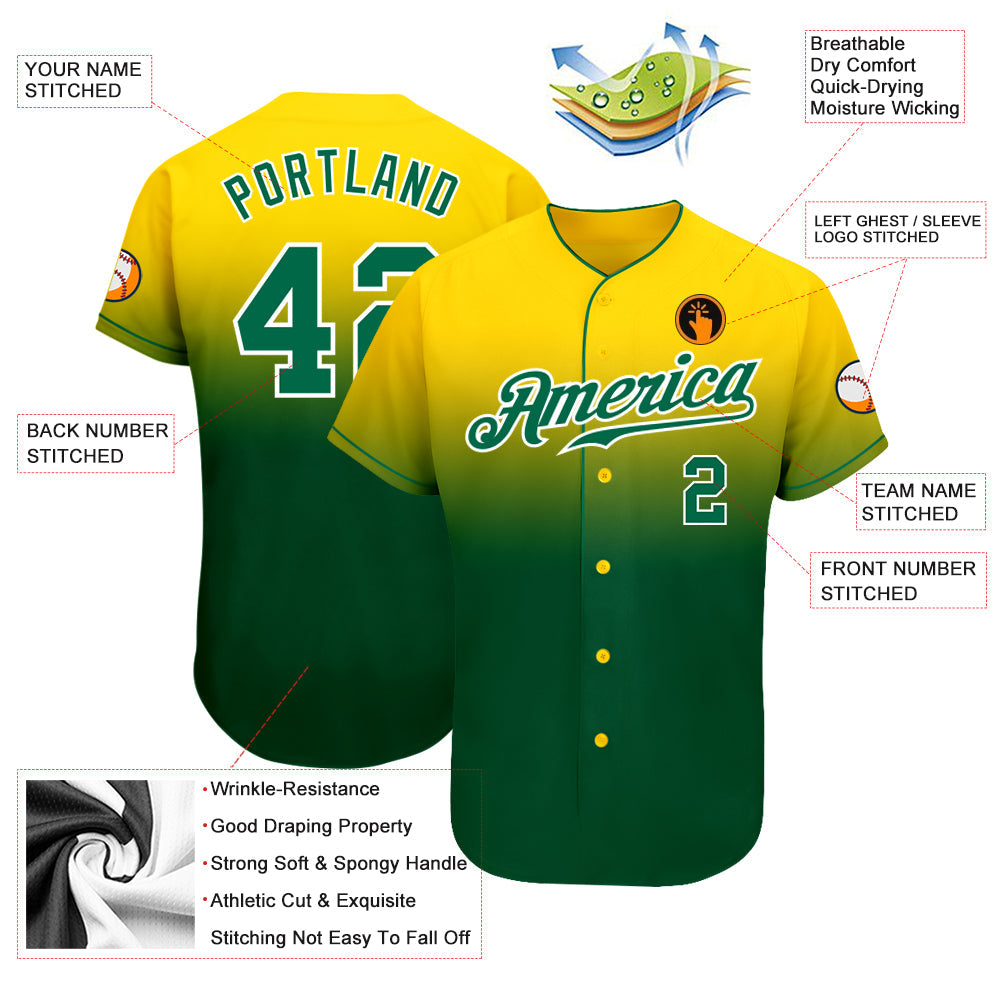 Custom Yellow Kelly Green-White Authentic Fade Fashion Baseball Jersey
