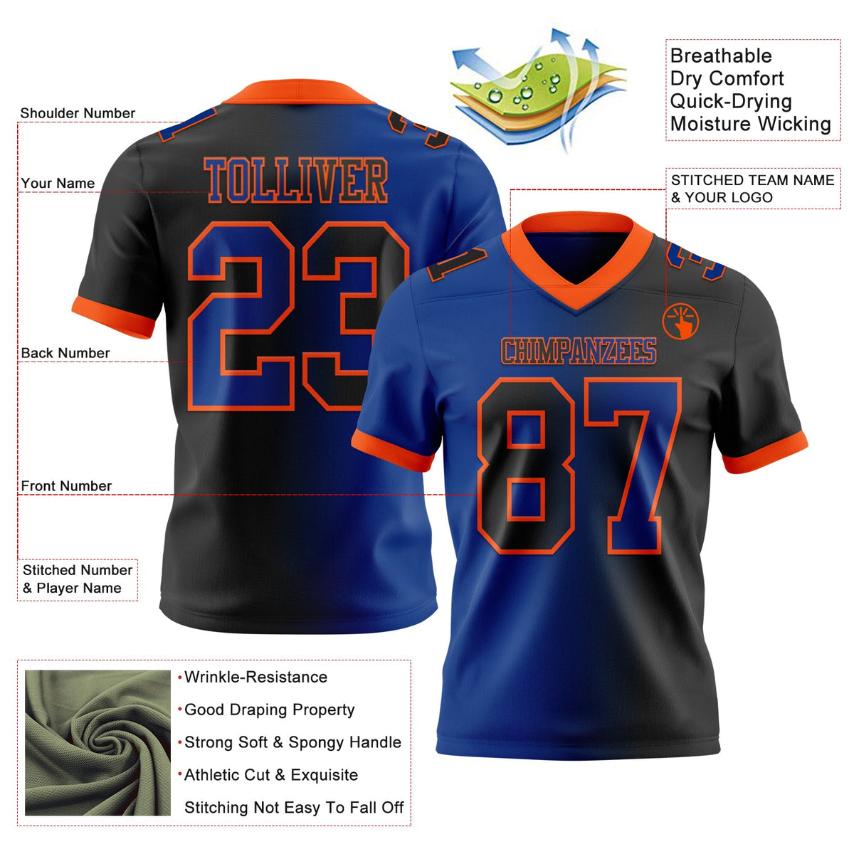 Custom Black Royal-Orange Authentic Gradient Fashion Football Jersey