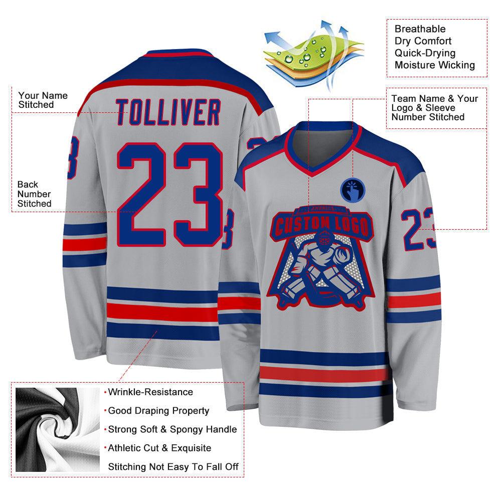 Custom Gray Royal-Red Hockey Jersey