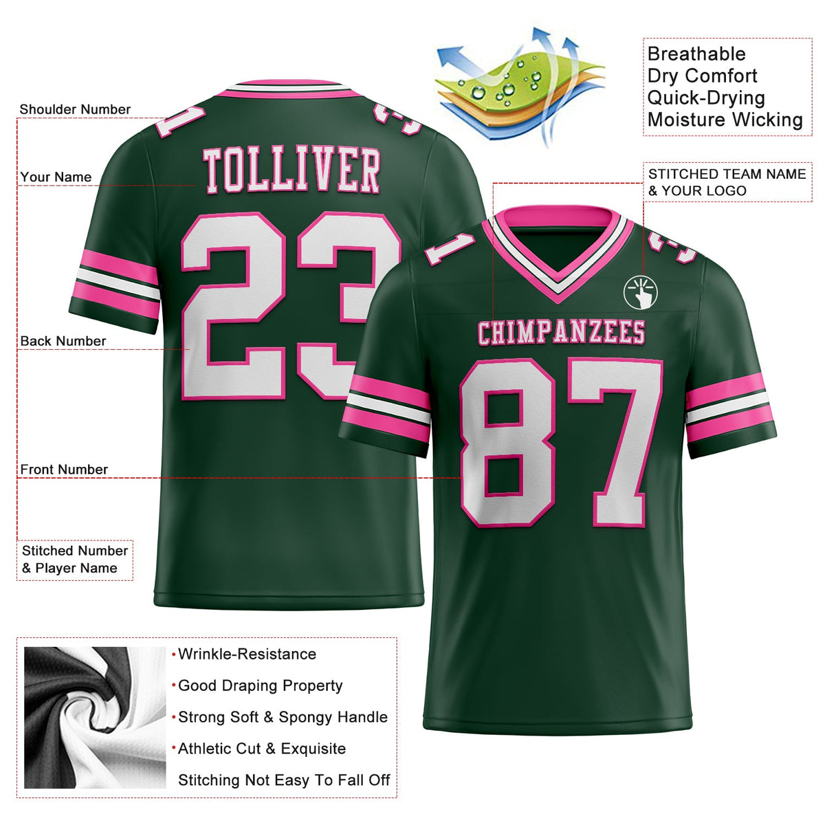 Custom Green White-Pink Authentic Football Jersey