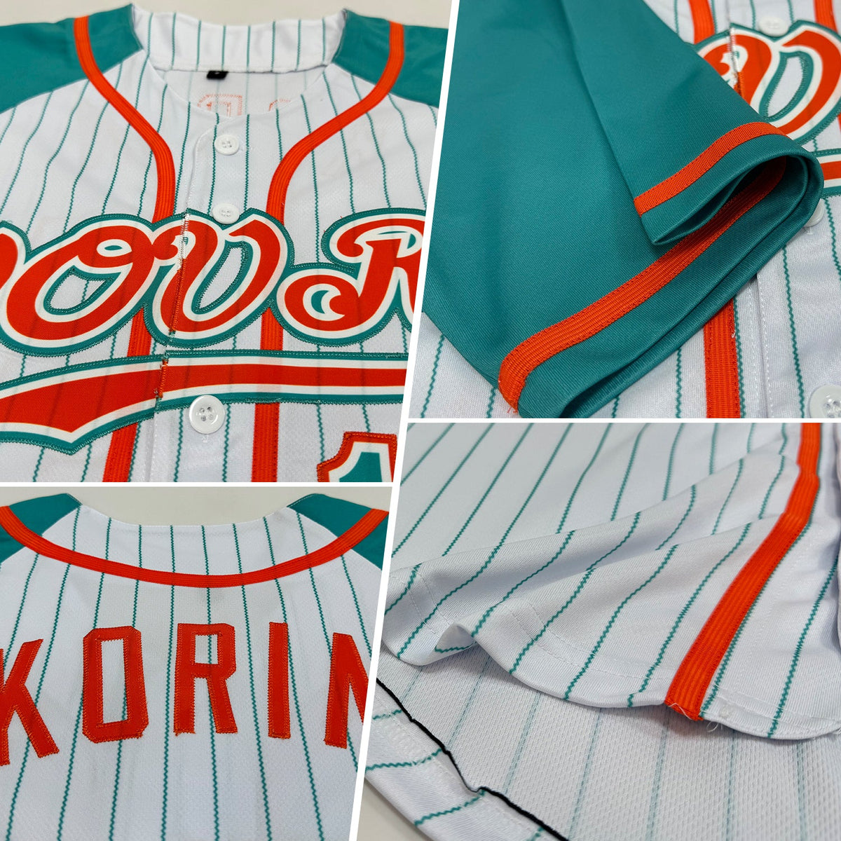 Custom White Aqua Pinstripe Aqua-Orange Authentic Raglan Sleeves Baseball Jersey