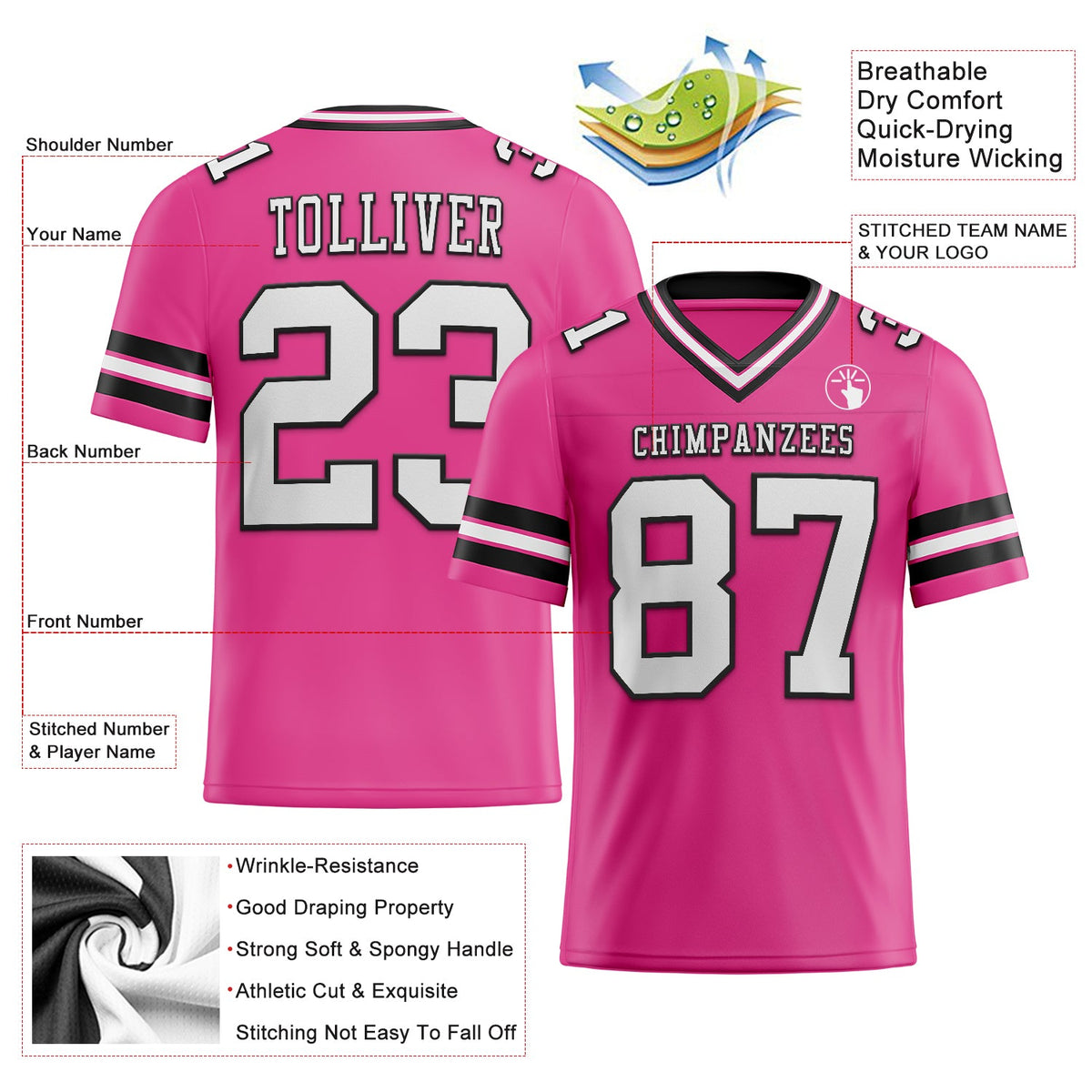 Custom Pink White-Black Authentic Football Jersey