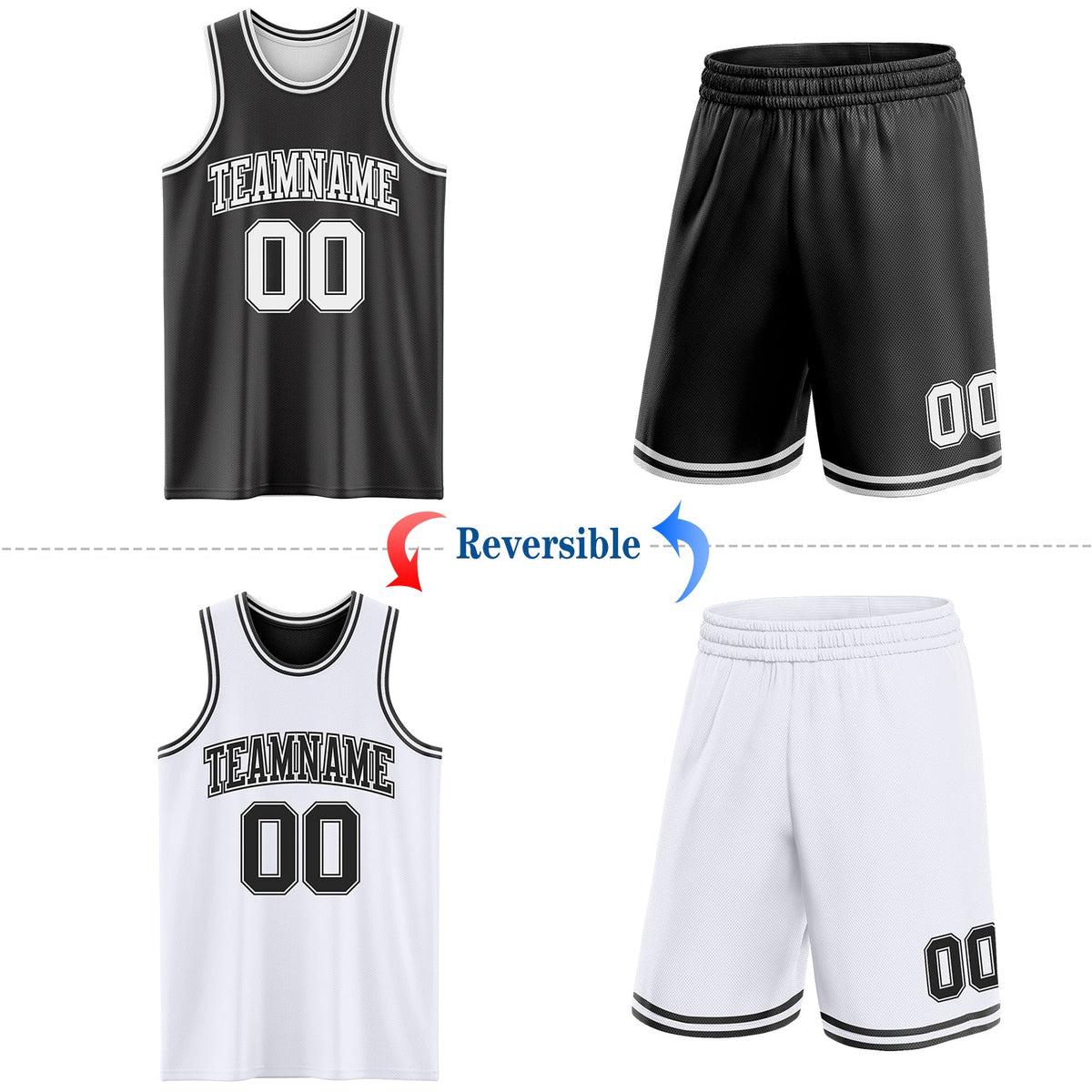 Custom Reversible Black White Double Side Sublimation Basketball Set Jersey