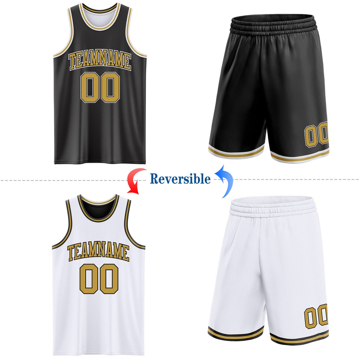 Custom Reversible Black Old Gold-White Double Side Sublimation Basketball Set Jersey