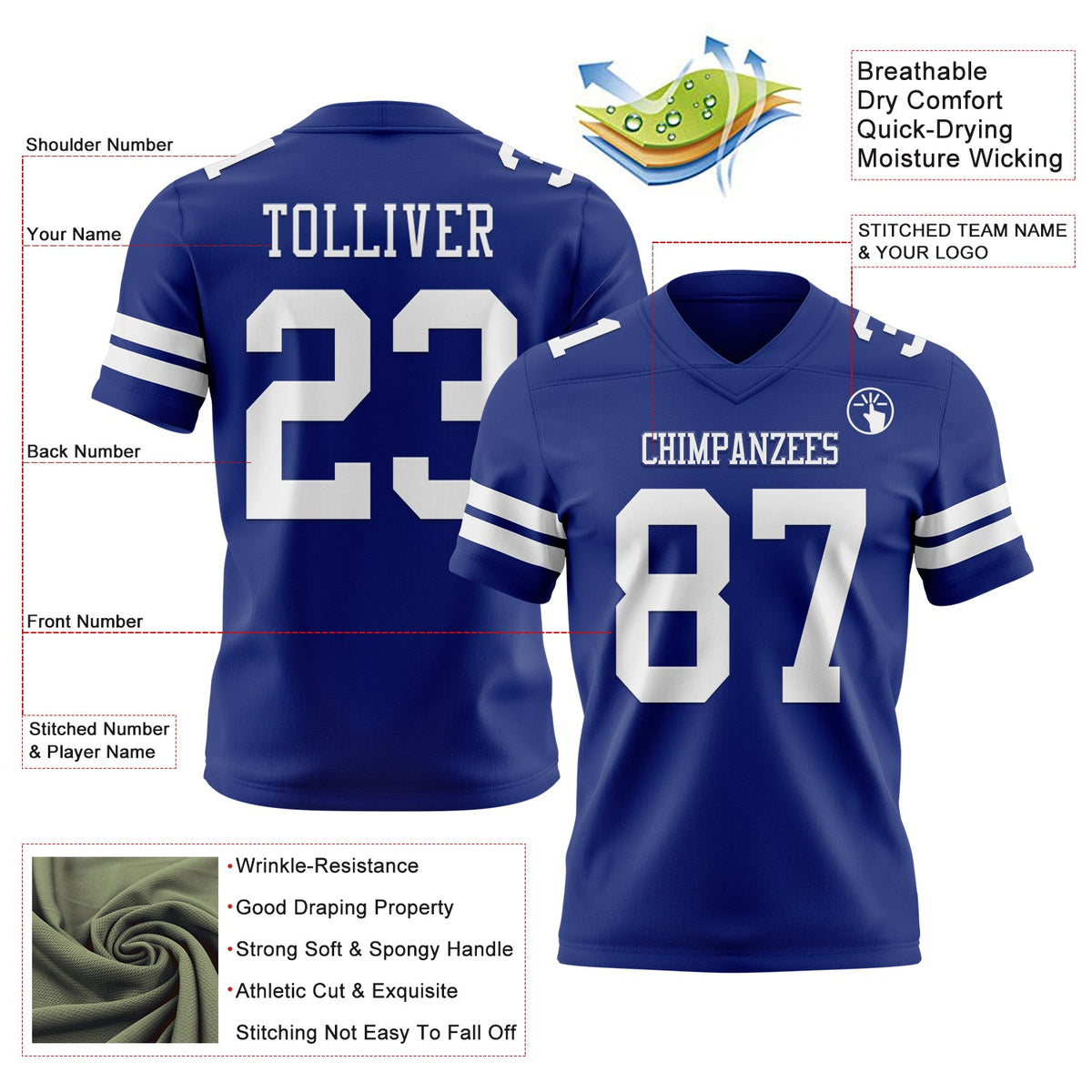Custom Royal White Authentic Football Jersey