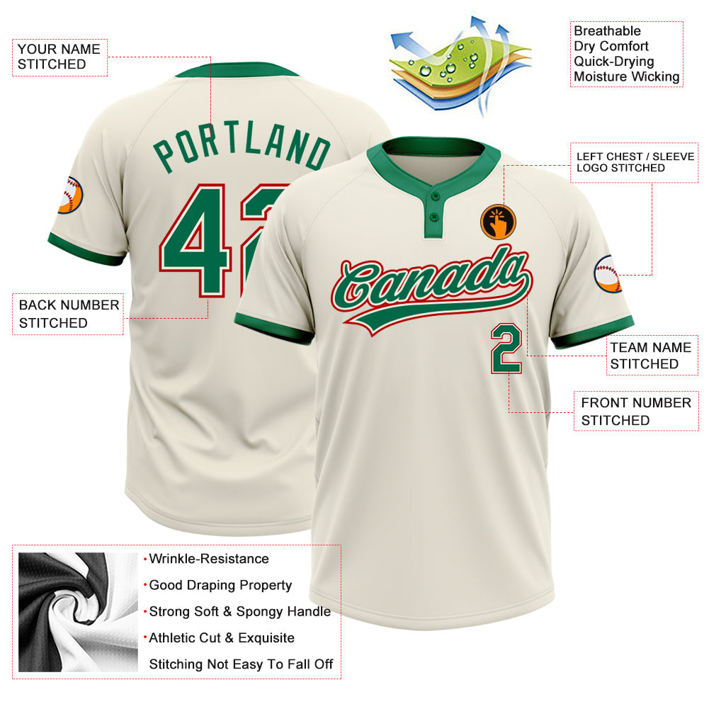 Custom Cream Kelly Green-Red Two-Button Unisex Softball Jersey