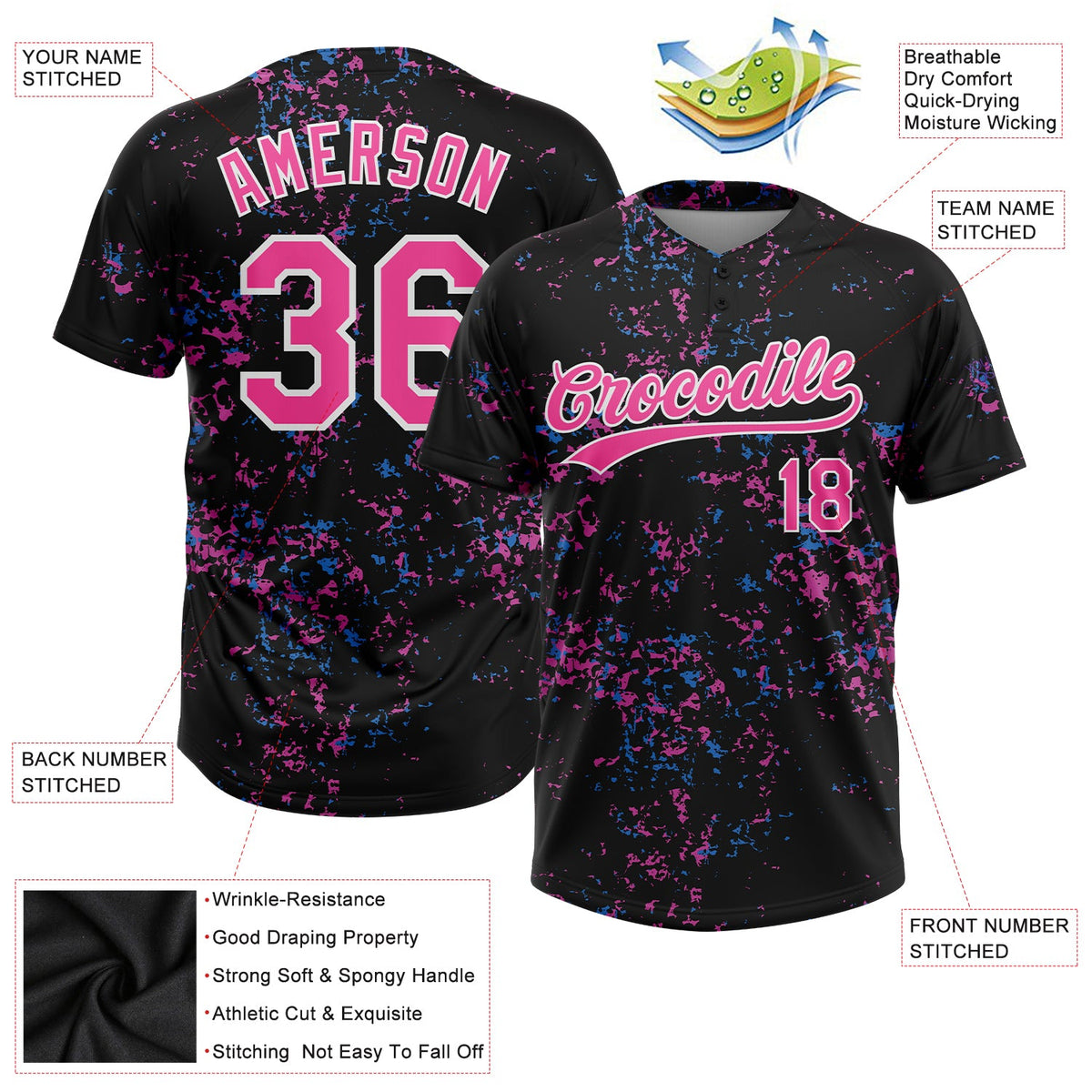 Custom Black Pink-White 3D Pattern Two-Button Unisex Softball Jersey