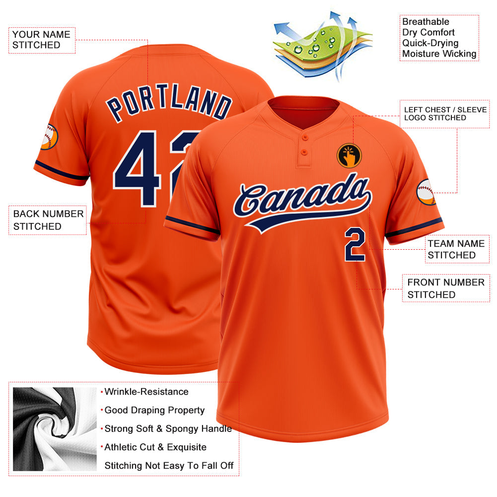Custom Orange Navy-White Two-Button Unisex Softball Jersey