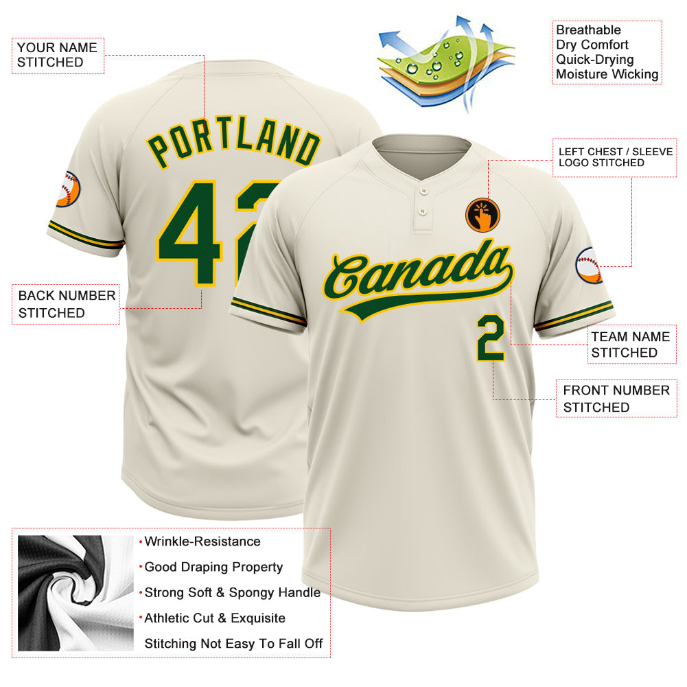 Custom Cream Green-Yellow Two-Button Unisex Softball Jersey