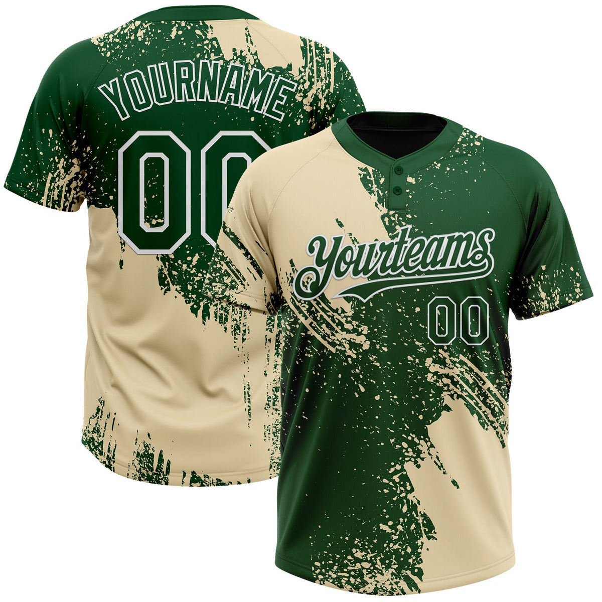 Custom Cream Green-White 3D Pattern Abstract Brush Stroke Two-Button Unisex Softball Jersey