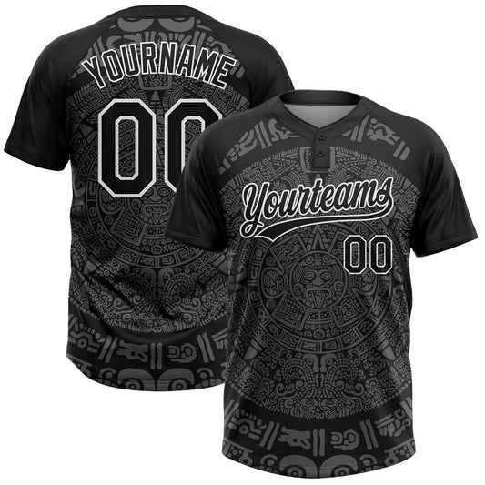 Custom Black Steel Gray-White Ethnic Aztec Mexican Heritage Two-Button Unisex Softball Jersey