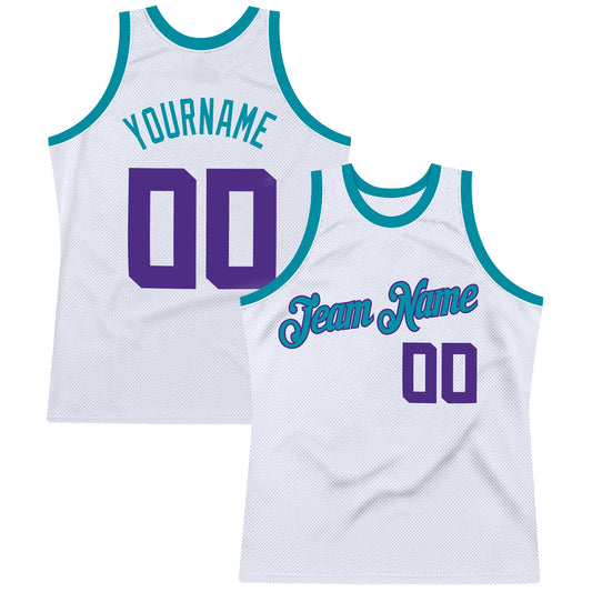 Custom White Purple-Teal Authentic Throwback Basketball Jersey