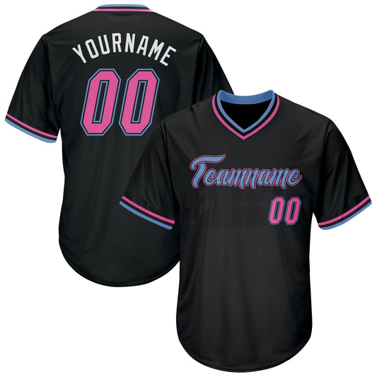 Custom Black Pink-Light Blue Authentic Rib-Knit Baseball Jersey Shirt