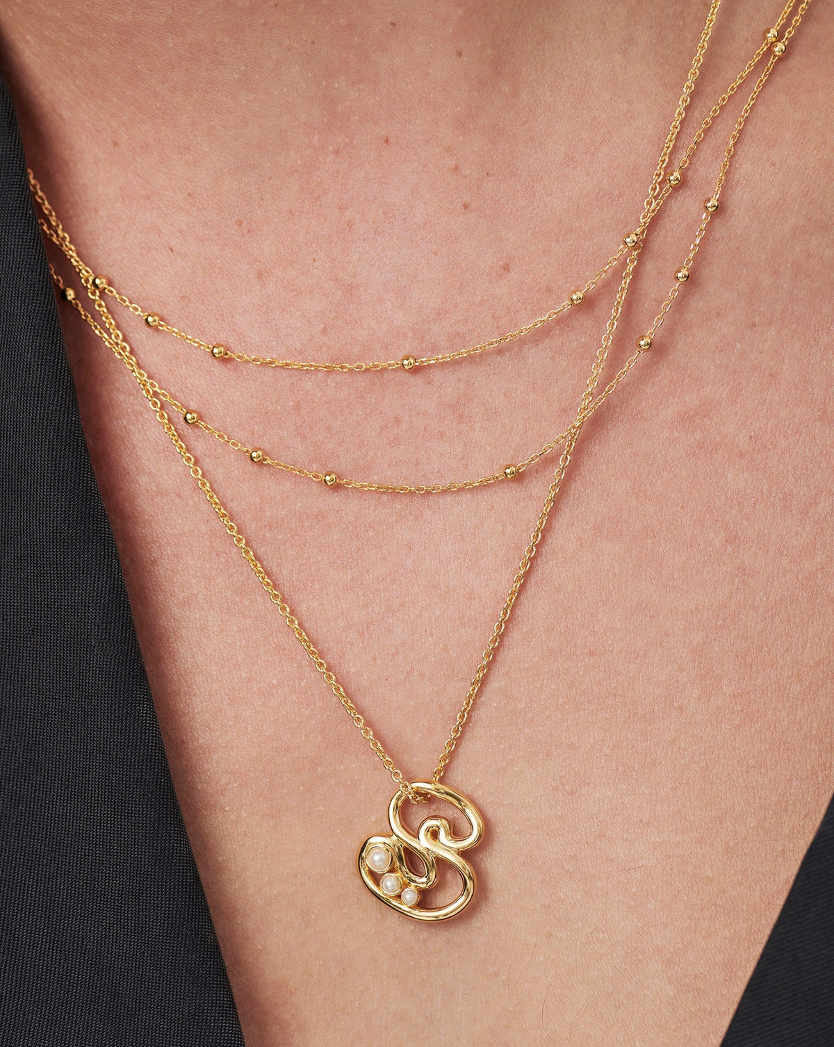 Chubby Pearl Initial Pendant Necklace  - Initial S | 18ct Gold Vermeil/Pearl