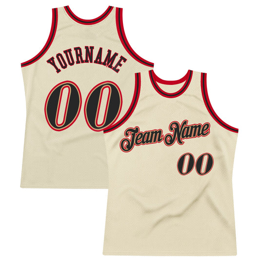 Custom Cream Black-Red Authentic Throwback Basketball Jersey