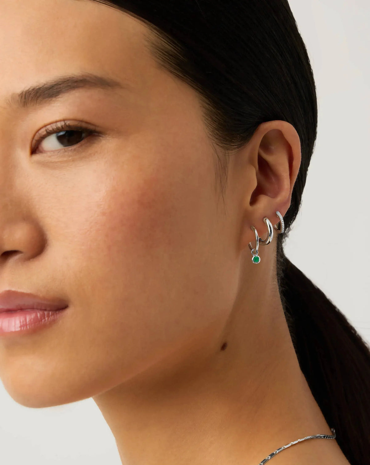 May Birthstone Mini Charm Hoop Earrings | Sterling Silver/Green Onyx