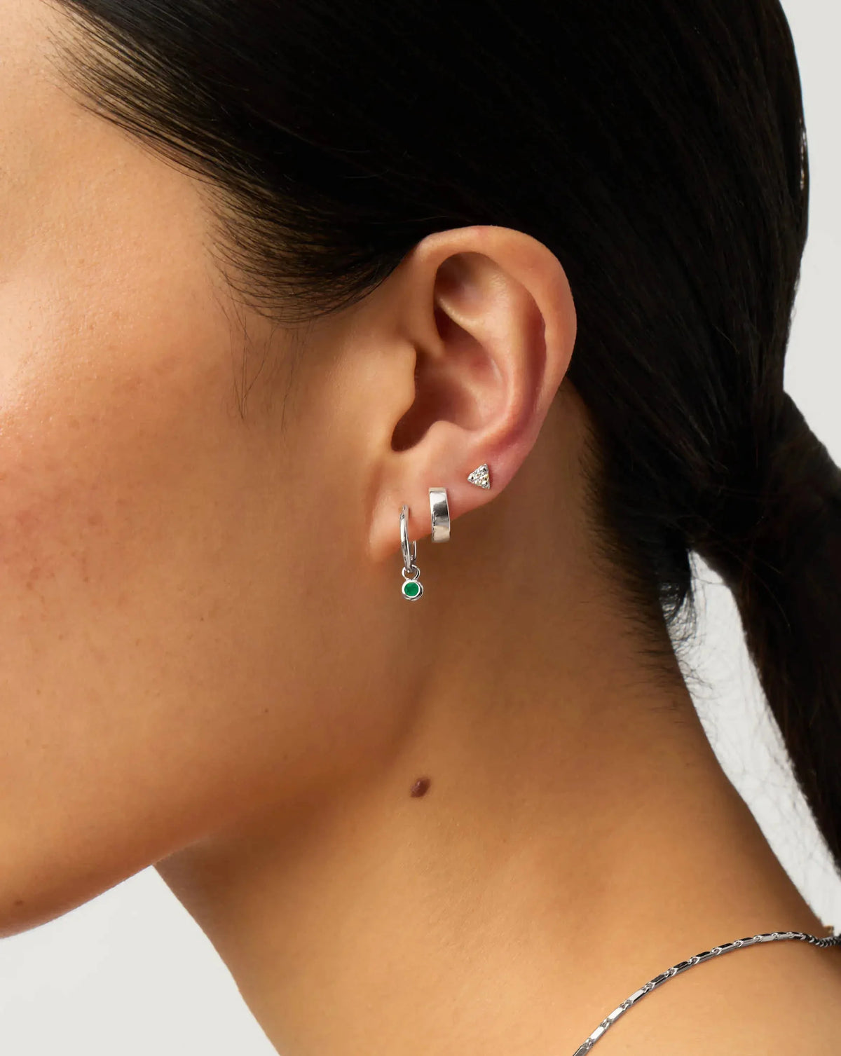 May Birthstone Mini Charm Hoop Earrings | Sterling Silver/Green Onyx