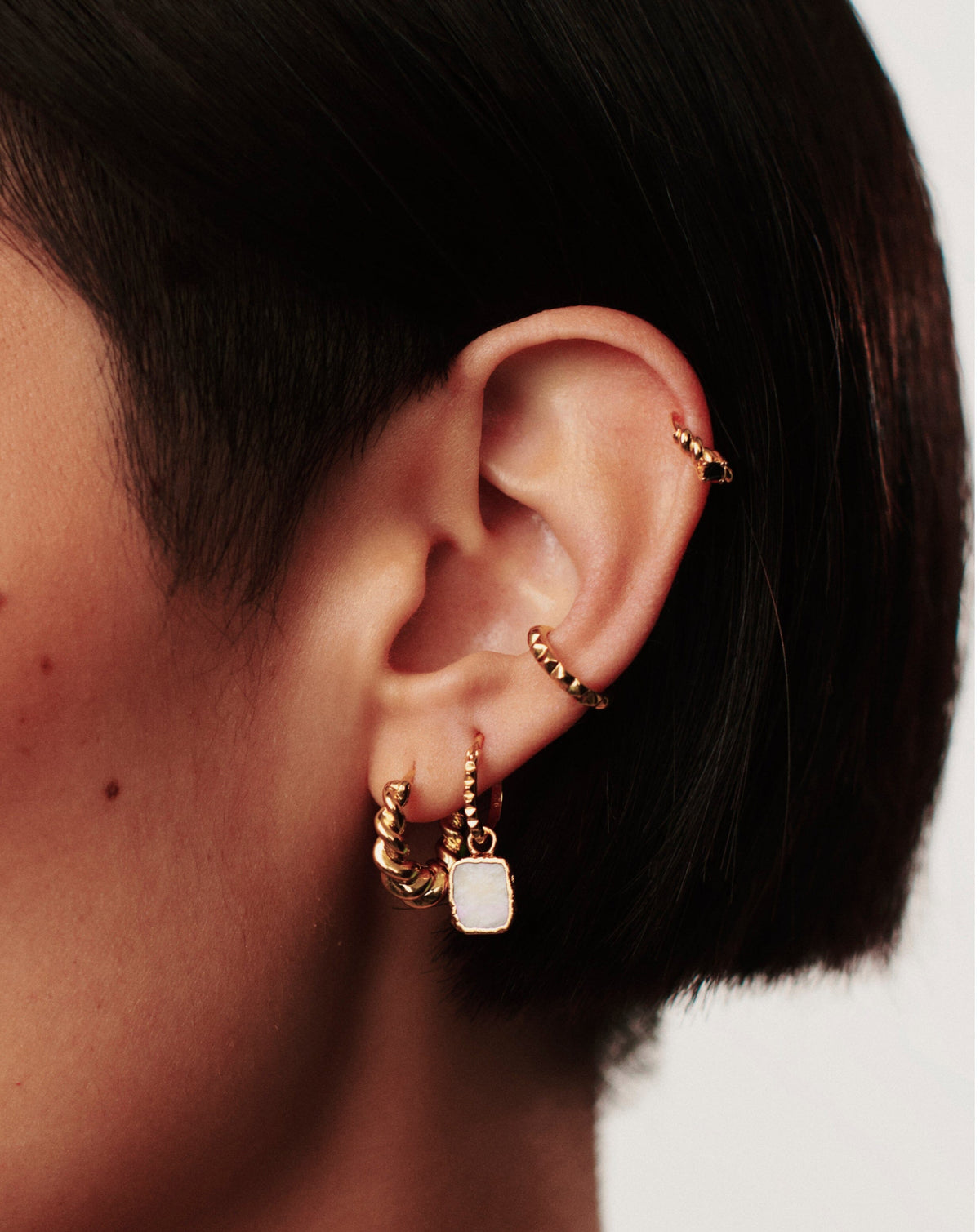 Mini Pyramid Charm Hoop Earrings | 18ct Gold Vermeil/Rainbow Moonstone