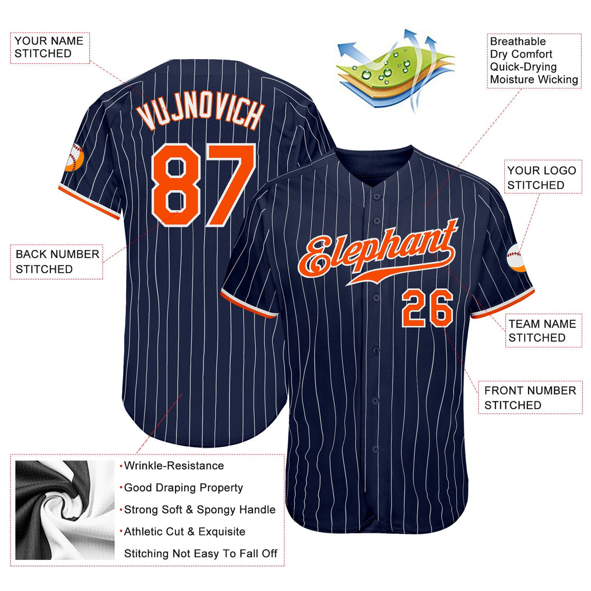 Custom Navy White Pinstripe Orange-White Authentic Baseball Jersey