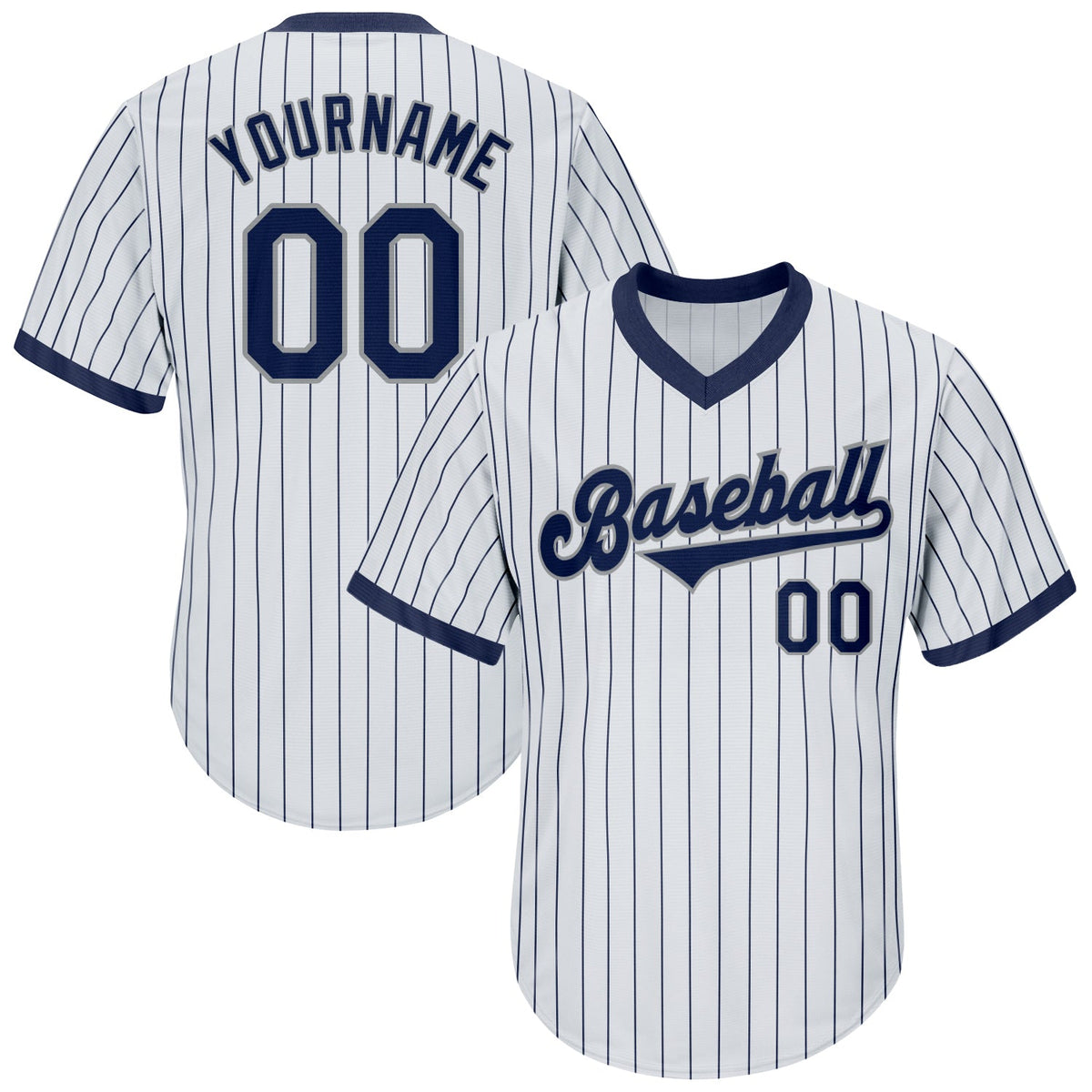 Custom White Navy Pinstripe Navy-Gray Authentic Rib-Knit Baseball Jersey Shirt